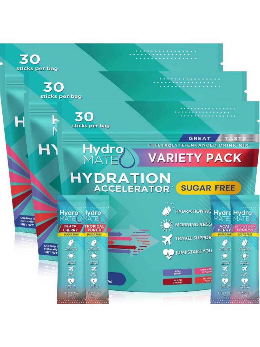 Sugar-Free Electrolyte Hydration Packets - Variety Pack of 90 for Energy